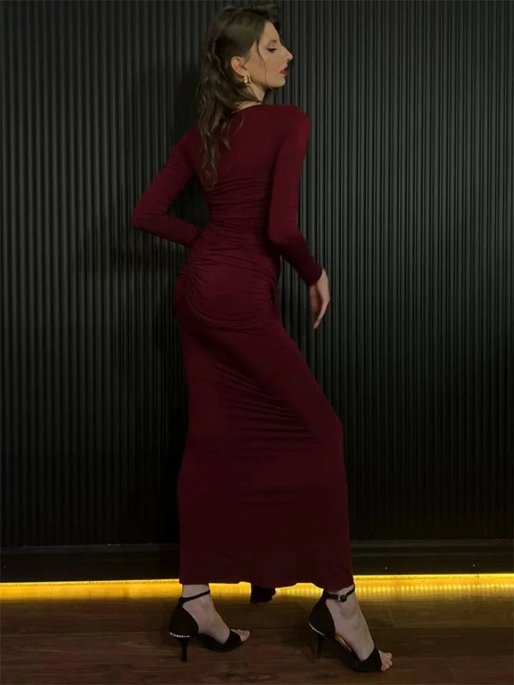 Modest Maxi Dress with Ruching and Tie Detail - Nahev