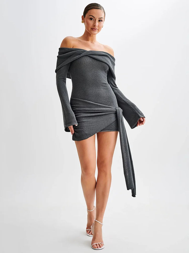Knitted mini dress with off-shoulder tie design - Karin