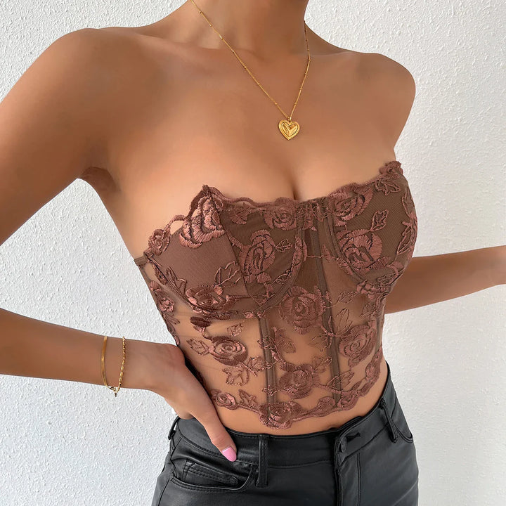 Strapless Mesh Top with Floral Embroidery - Noya Lee