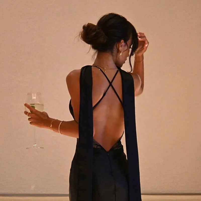 Maxi satin dress with lace decoration and matching scarf, open back - Liset