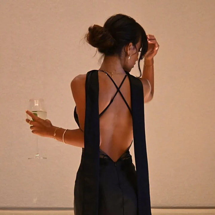 Maxi satin dress with lace decoration and matching scarf, open back - Liset