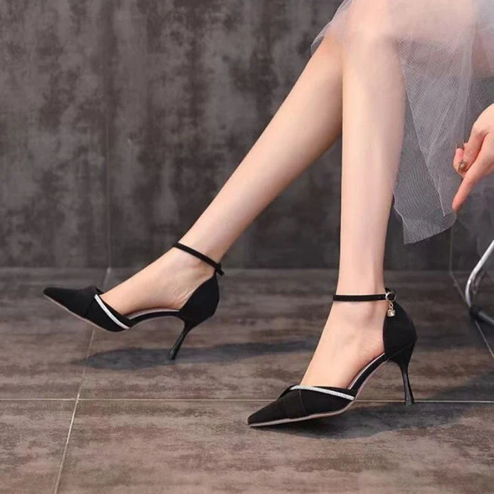 Faux Leather Pointed Heels with Rhinestone Decoration - Mila