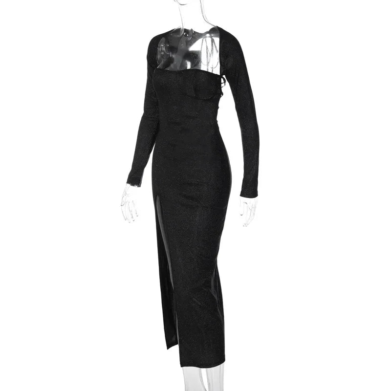 Sequin Maxi Dress with Slit and Open Back Tie Detail - Leila