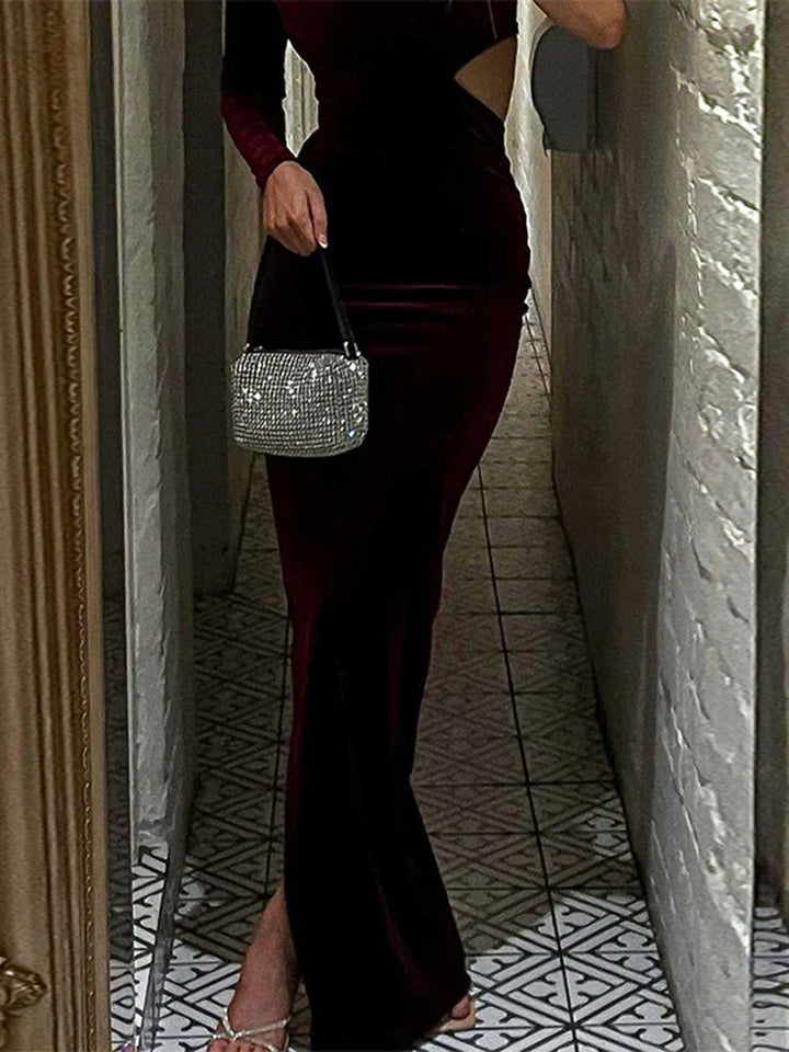 Velvet maxi dress with one sleeve and open back - Alina
