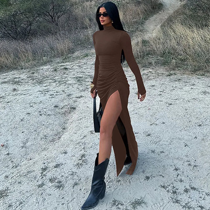 Maxi Dress with Ruching, Turtleneck, and Deep Slit - Sasha