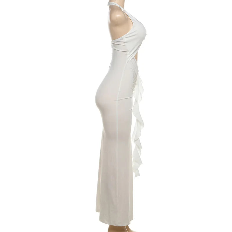 Fitted Maxi Dress with Ruffle Decoration and Slit Design - Jolene
