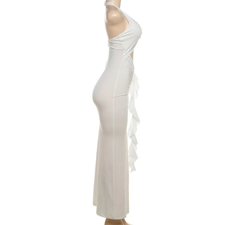 Fitted Maxi Dress with Ruffle Decoration and Slit Design - Jolene