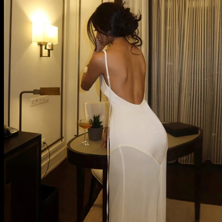 Maxi Satin Dress with Chiffon Detail and Open Back - Gracie