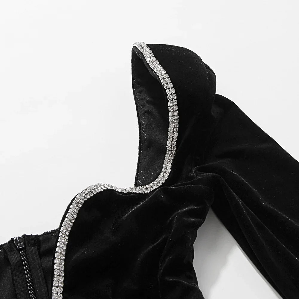 Mini velvet dress with deep V neckline decorated with diamonds - SANA