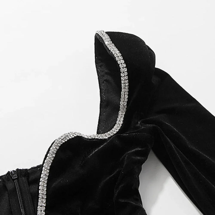 Mini velvet dress with deep V neckline decorated with diamonds - SANA