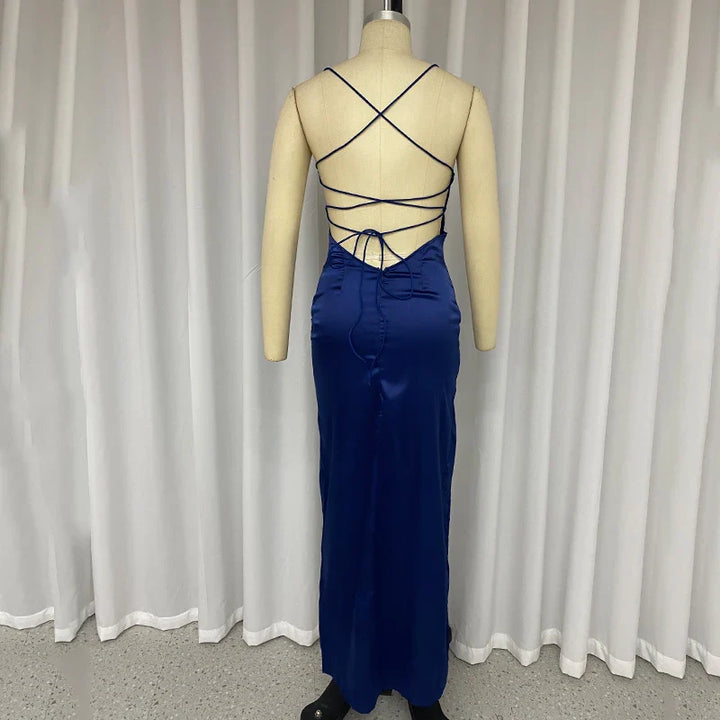 Satin Maxi Dress with Slit - Azul