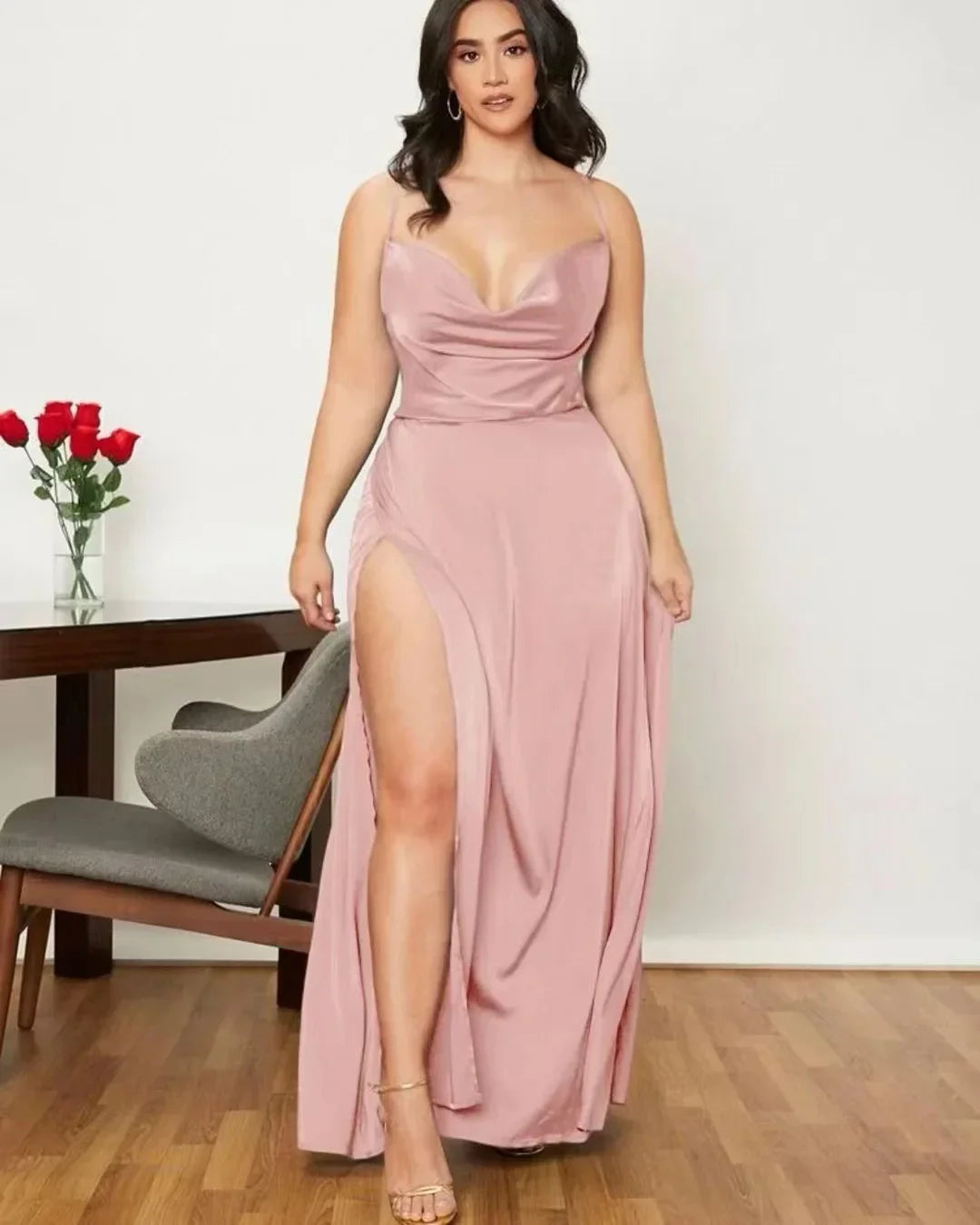 Maxi Satin Dress with Slit Detail and Back Tie - Leona