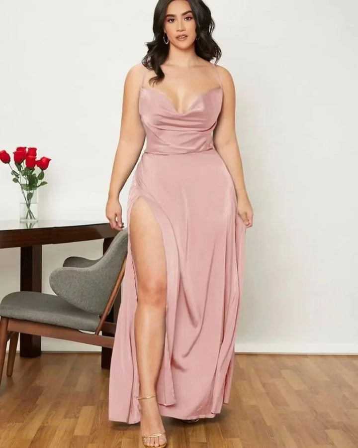 Maxi Satin Dress with Slit Detail and Back Tie - Leona
