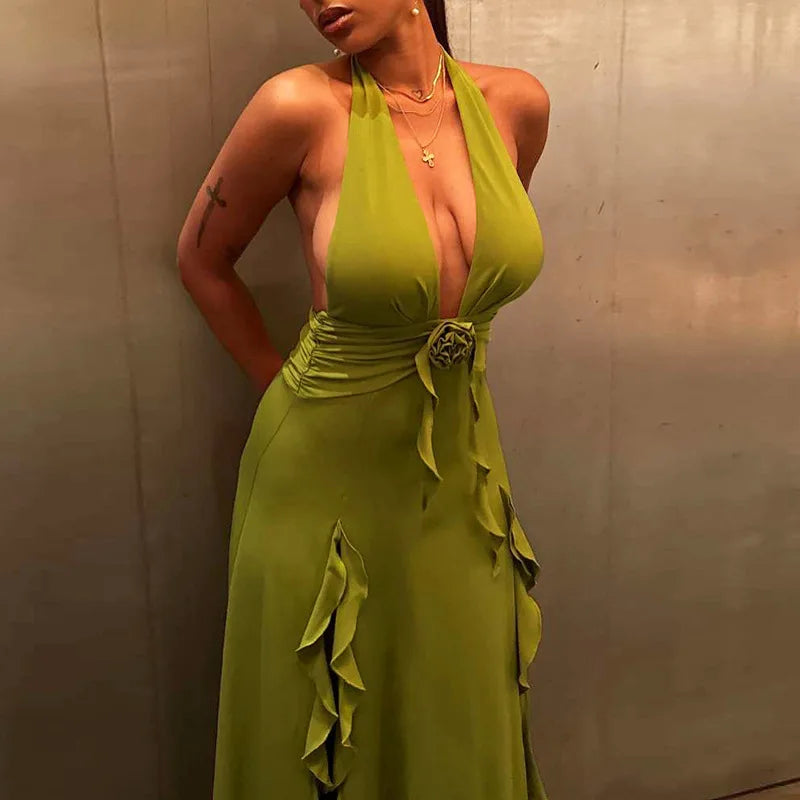 Maxi Dress with Ruffle and Flower Decoration and Open Back - Maxine