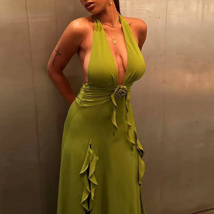 Maxi Dress with Ruffle and Flower Decoration and Open Back - Maxine