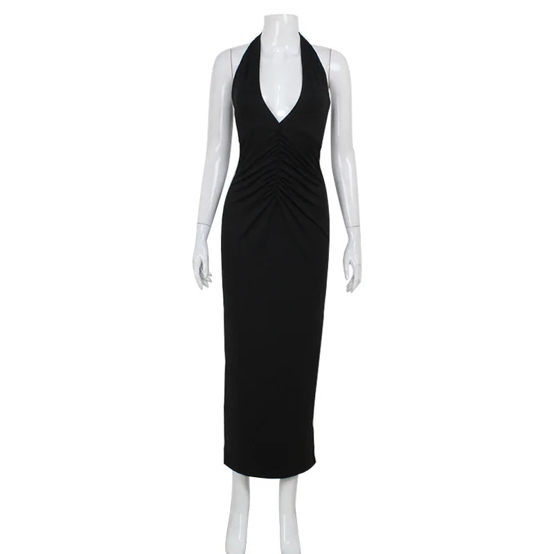 Maxi Dress with Ruching, V-Neckline, and Neck Tie - Nevaeh