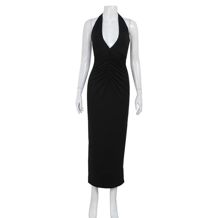 Maxi Dress with Ruching, V-Neckline, and Neck Tie - Nevaeh