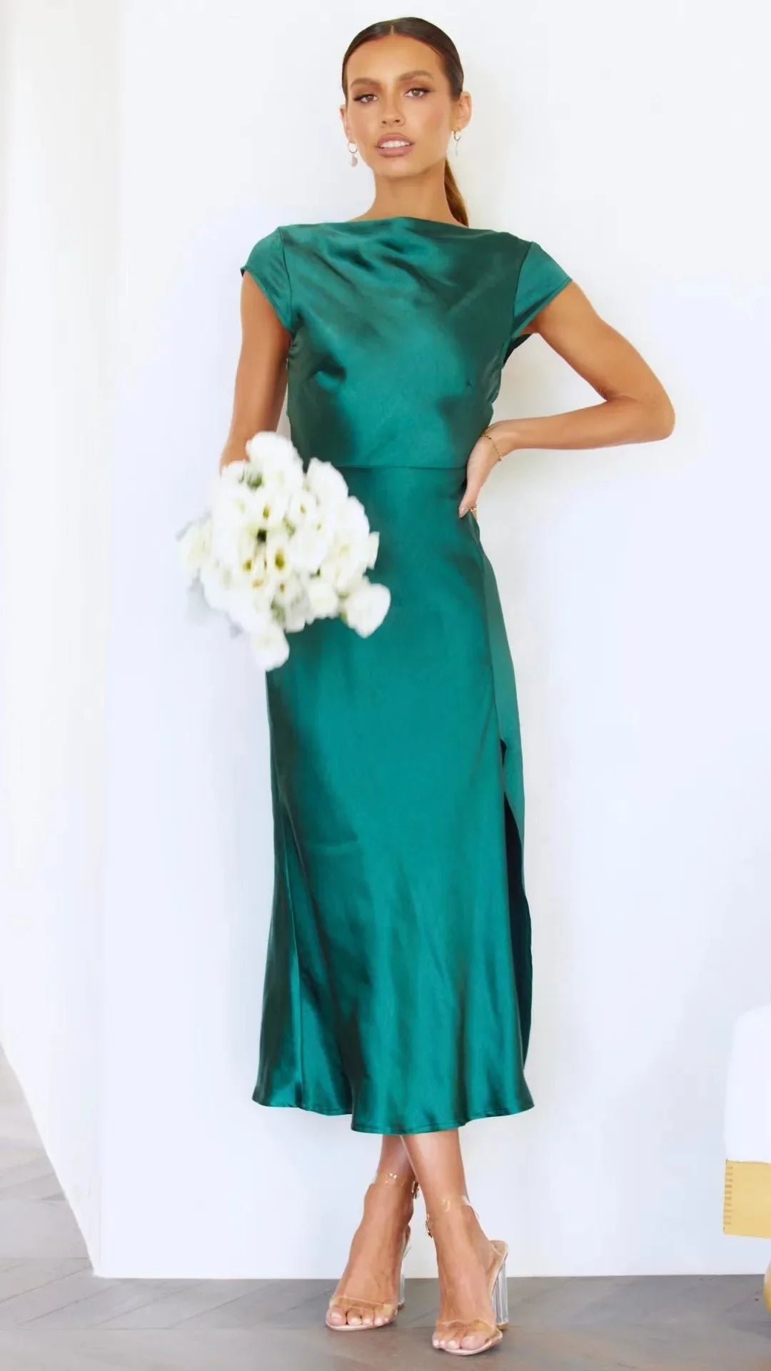 Midi satin dress with slit and open back design - Shray