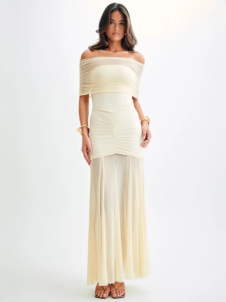 Chiffon Maxi Dress with Gathered Off-the-Shoulder Design - Delilah