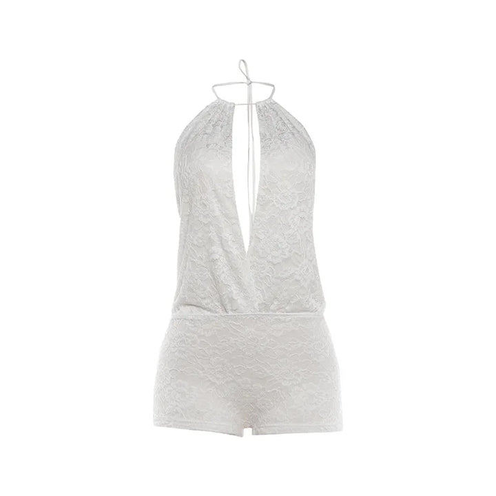 Short lace jumpsuit with a neck tie and open back - Lis