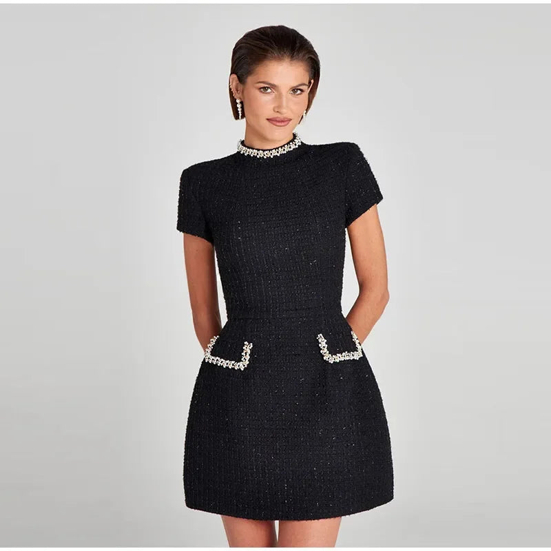 Elegant Mini Dress with Short/Long Sleeves, Tailored Style, Woven Fabric with Sequin and Pearl Embellishment - Lucia