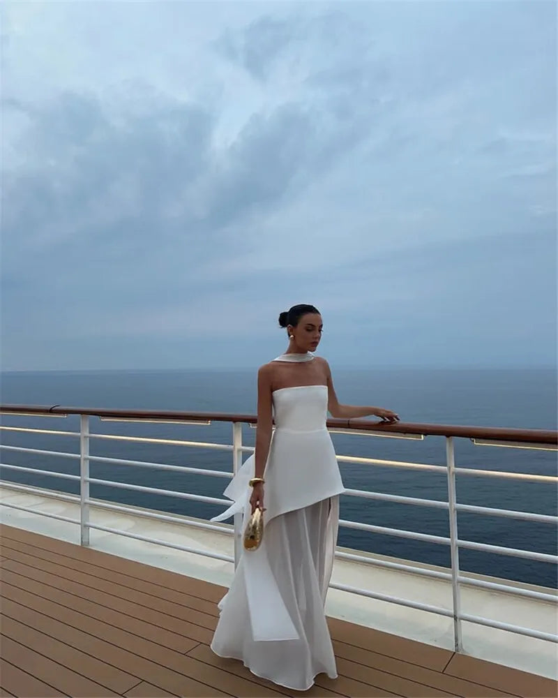 Strapless Maxi Dress with Chiffon Bottom, Slit Design, and Matching Scarf Detail - Princess
