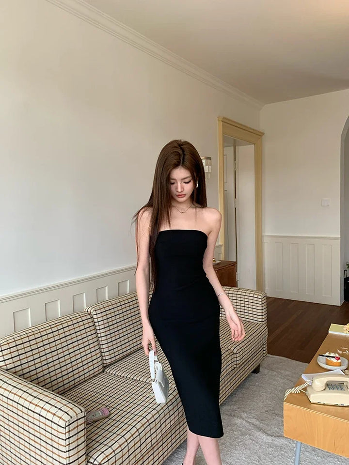 Elegant Strapless Midi Dress with Slit Decoration - Coral