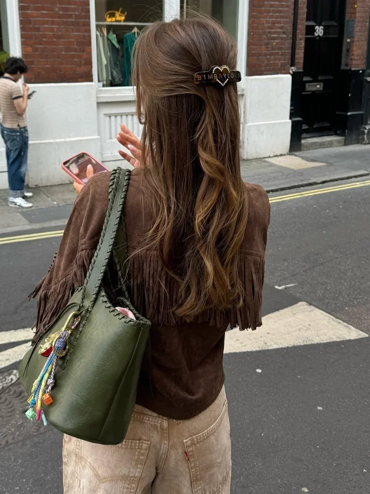 Suede Jacket with Fringe Design - Brown