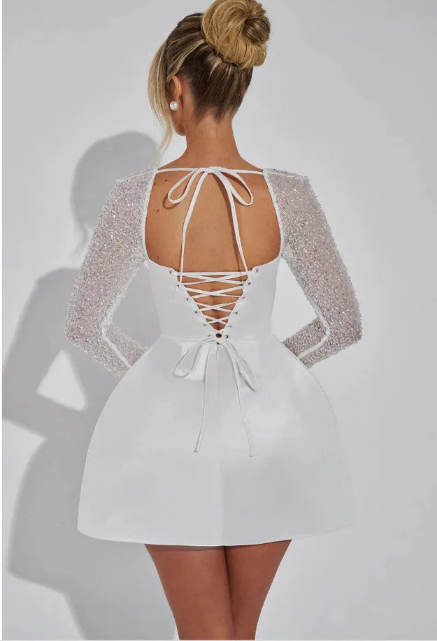 Satin Mini Dress with Mesh Sleeves and Glitter Decoration - Amara