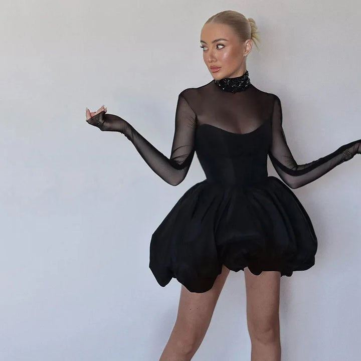 Balloon satin mini dress with mesh and half turtleneck design - Moran