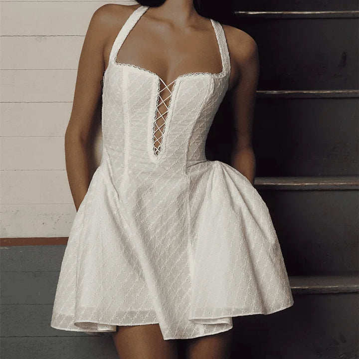 A-line Mini Dress with Pleats and Cross Back Detail - Iliana