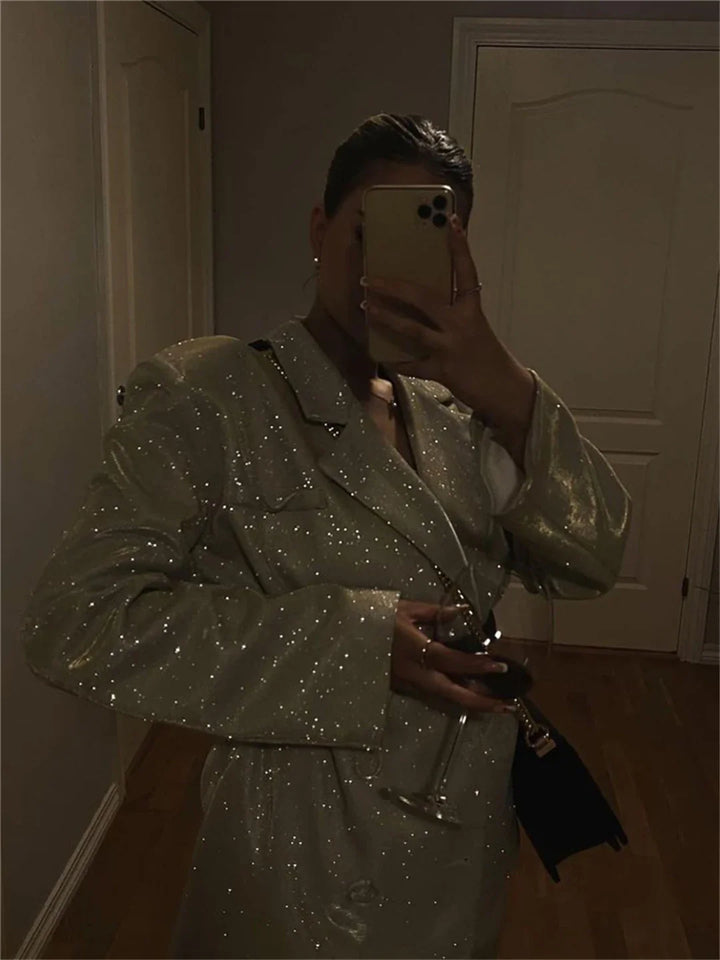 Three-Piece Sequin Suit with Bra, Blazer, and Long High-Waisted Pants - Pasha
