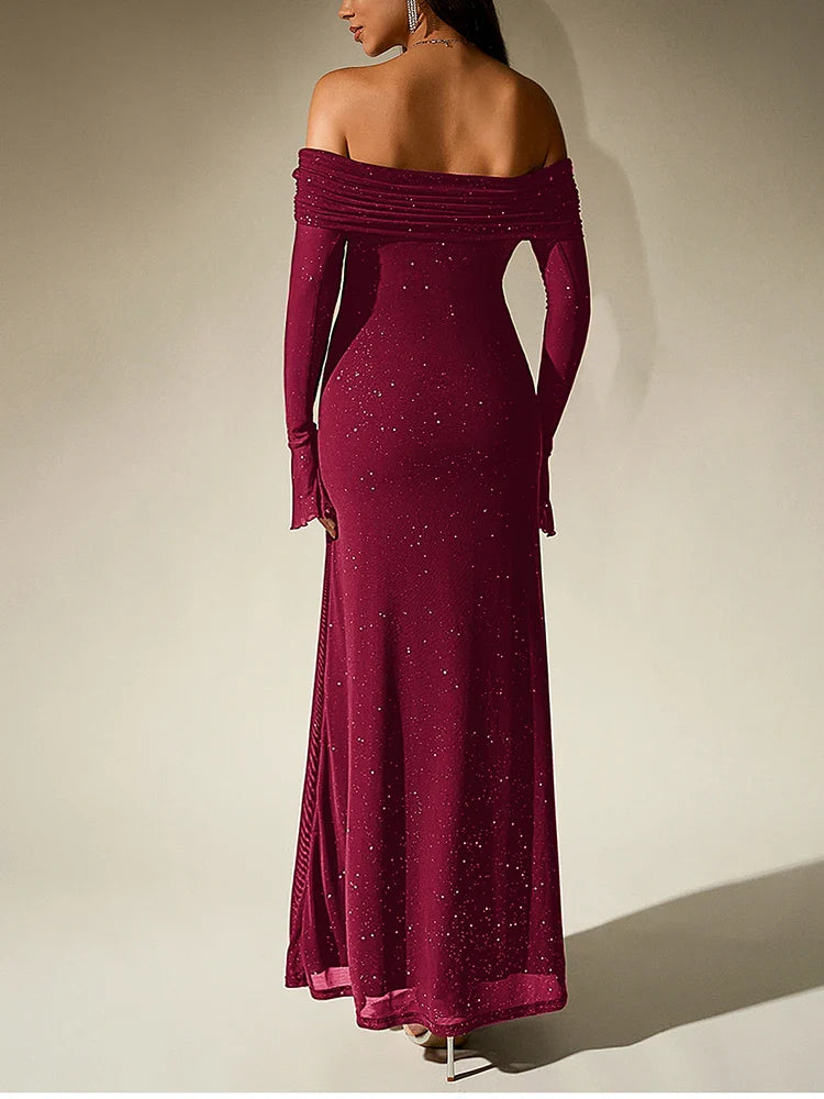 Sequin maxi dress with off-shoulder design and bell sleeves - Margarita