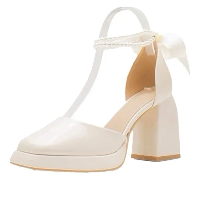 Shiny Faux Leather High Heels with Pearl and Bow Decoration - Vivian