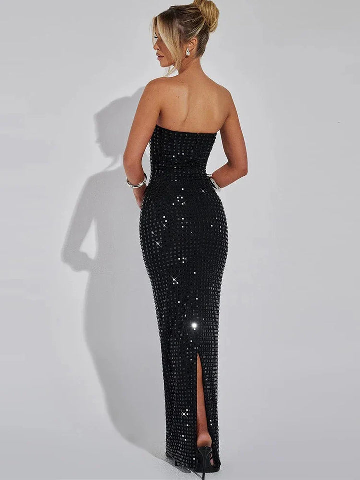 Maxi Strapless Dress with Sparkling Square Pattern - Melanie