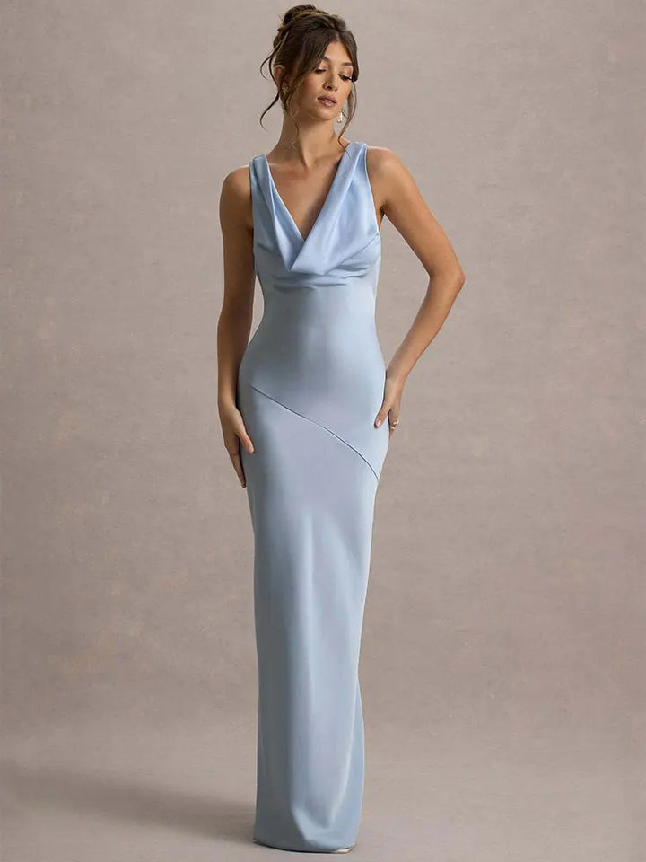 Maxi satin dress with draped collar and open back - Alexis