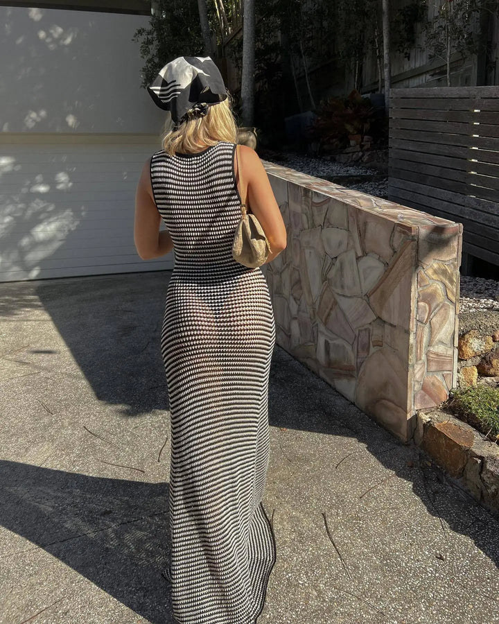 Knitted Maxi Dress with Black and White Stripes - Erica