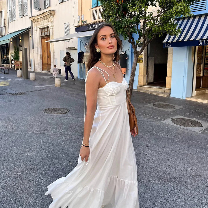 Ruffled Maxi Dress with A-Line Cut and Tie Straps - Allie