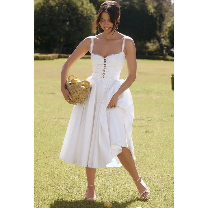 Midi Dress in Country Style with A-Line and Tie Design - SUNRISE