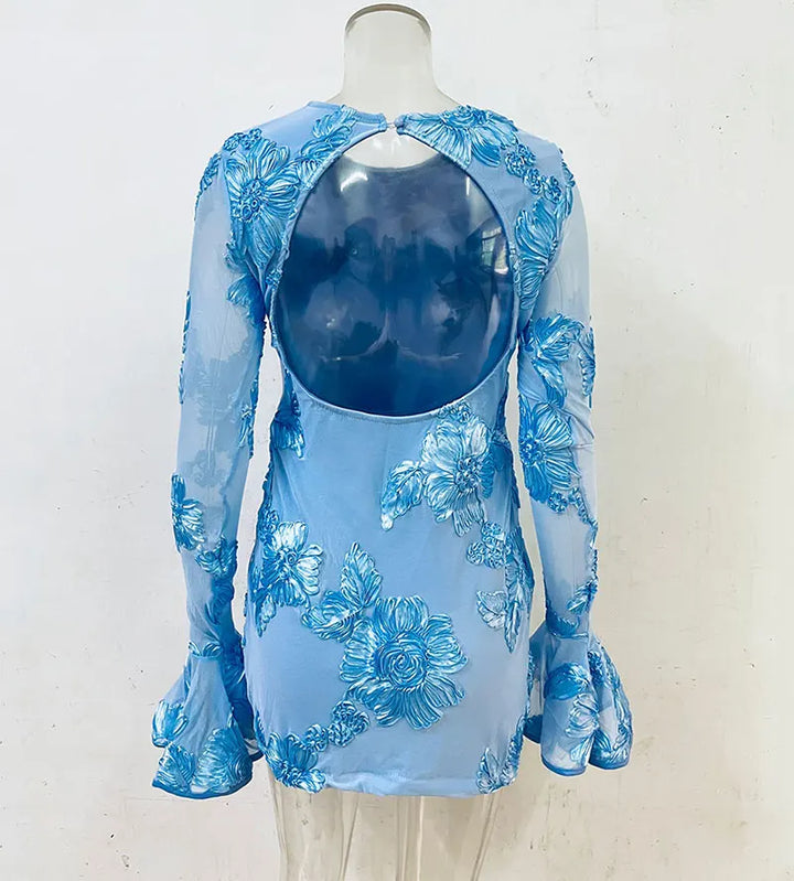 Mini dress decorated with floral embroidery and open back - Michaela