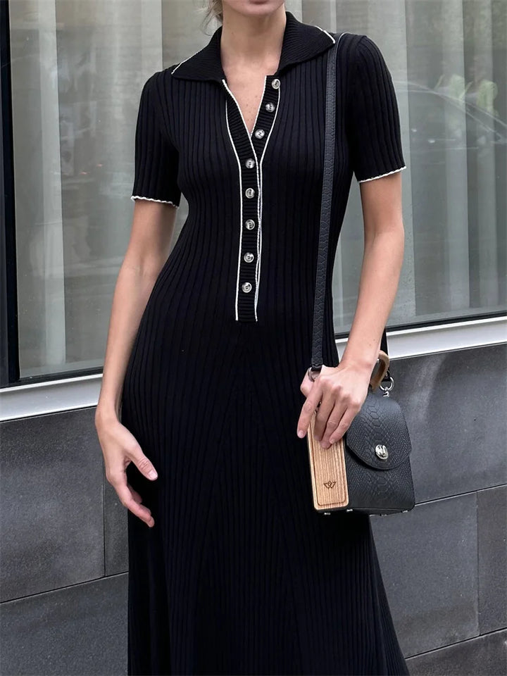 Knitted Maxi Dress with Elegant Design and Button Decoration - Ivanna