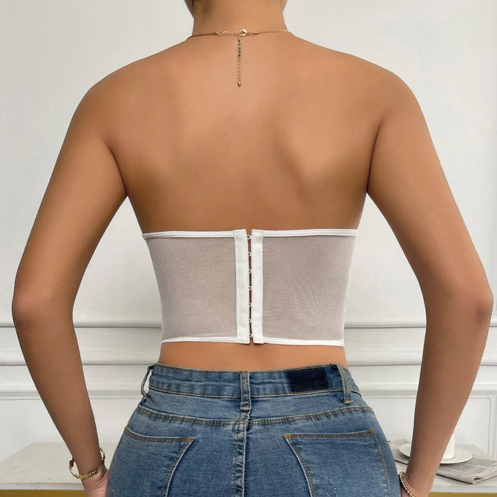Strapless Mesh Top with Floral Embroidery - Noya Lee