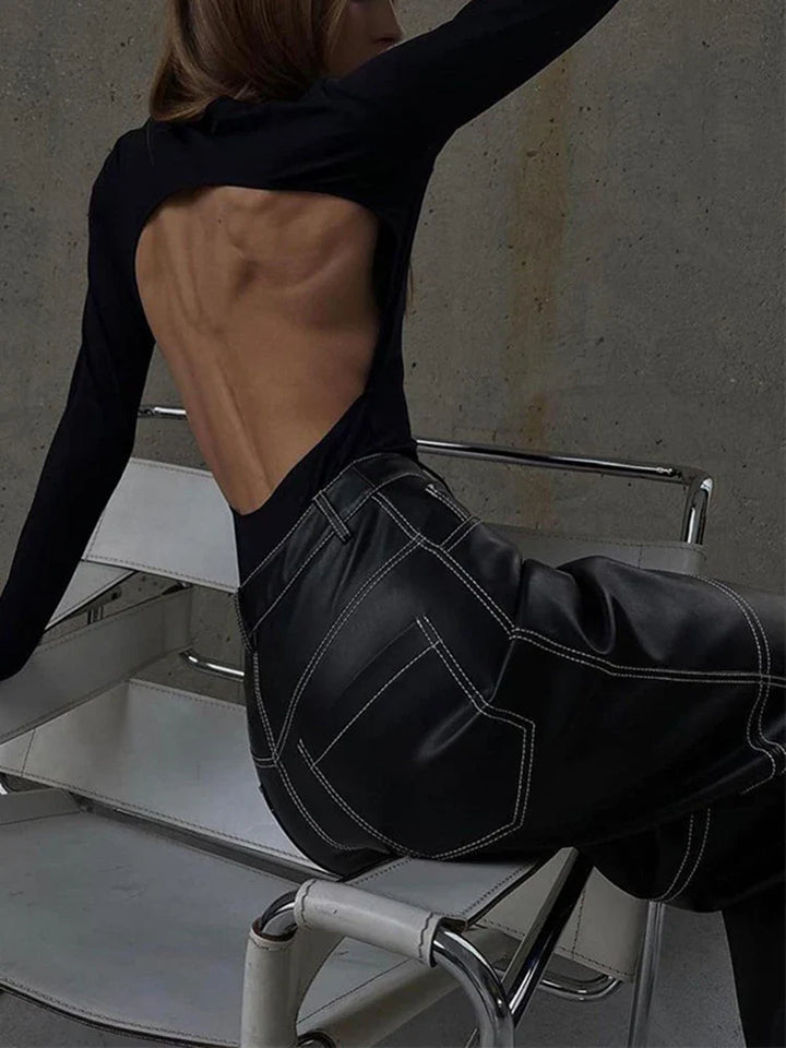 High-Waisted Faux Leather Pants, Loose Style - Kori