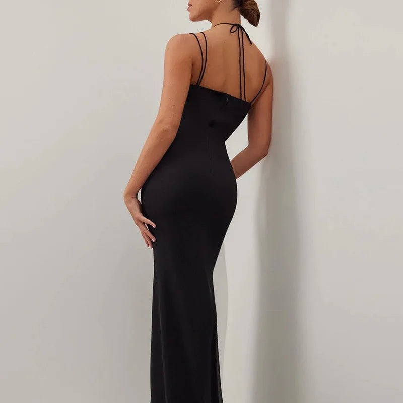 Maxi Evening Dress with Cutouts, Shirring, and Ties - Erica