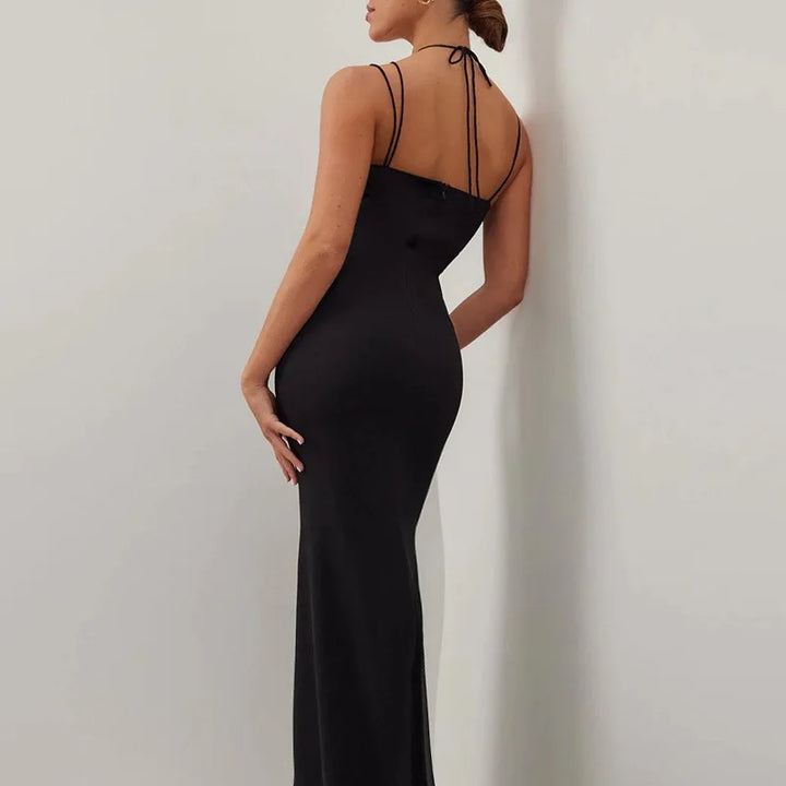 Maxi Evening Dress with Cutouts, Shirring, and Ties - Erica