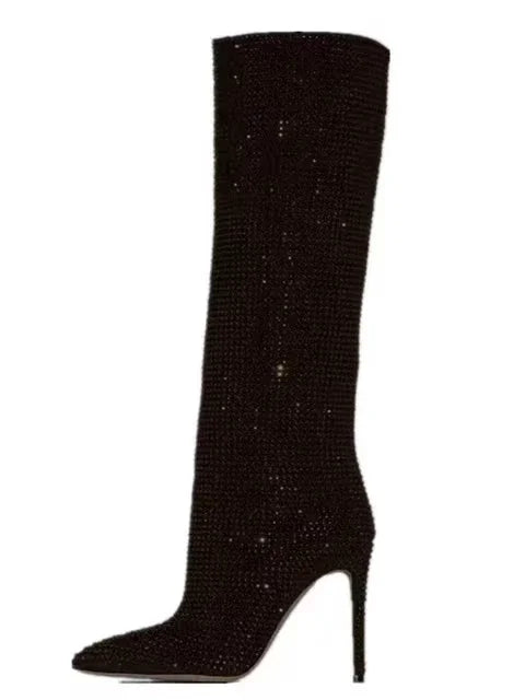 High Pointed Heel Boots with Sparkling Rhinestone Design - Josie