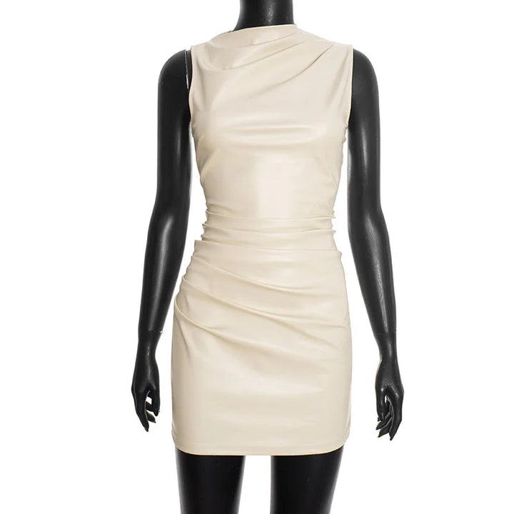 Mini Faux Leather Dress with Pleats Design - SIERA