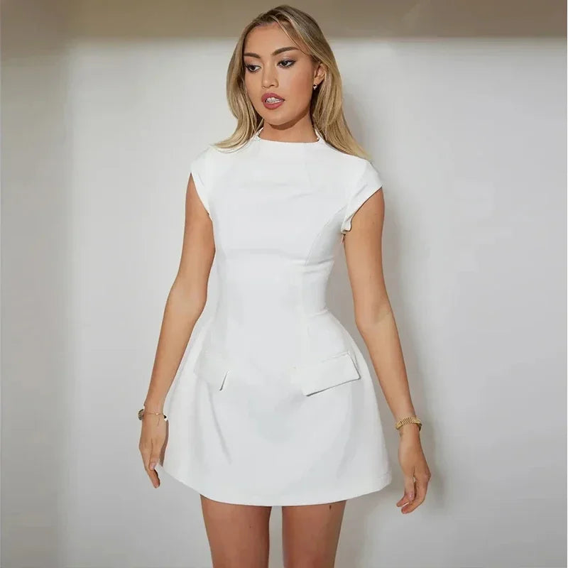 Tailored mini dress with hourglass silhouette and pocket decoration - Nils