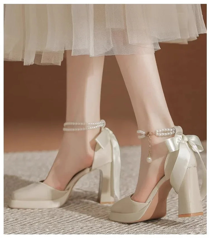 Velvet High Heels with Pearl and Bow Decoration - Vita
