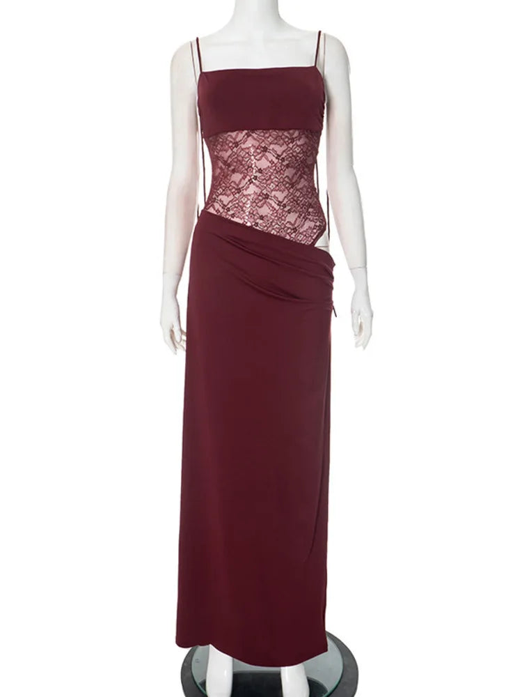 Elegant Maxi Dress with Lace and Tie Straps - Indigo